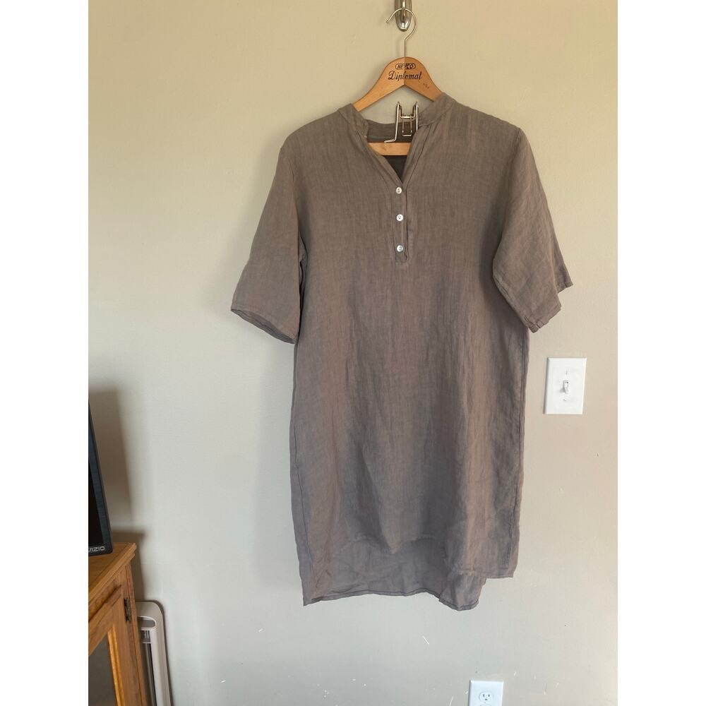 100% Linen Italy Dress Tunic Shirt Dress XL Gray Lagenlook Quiet Luxury Coastal